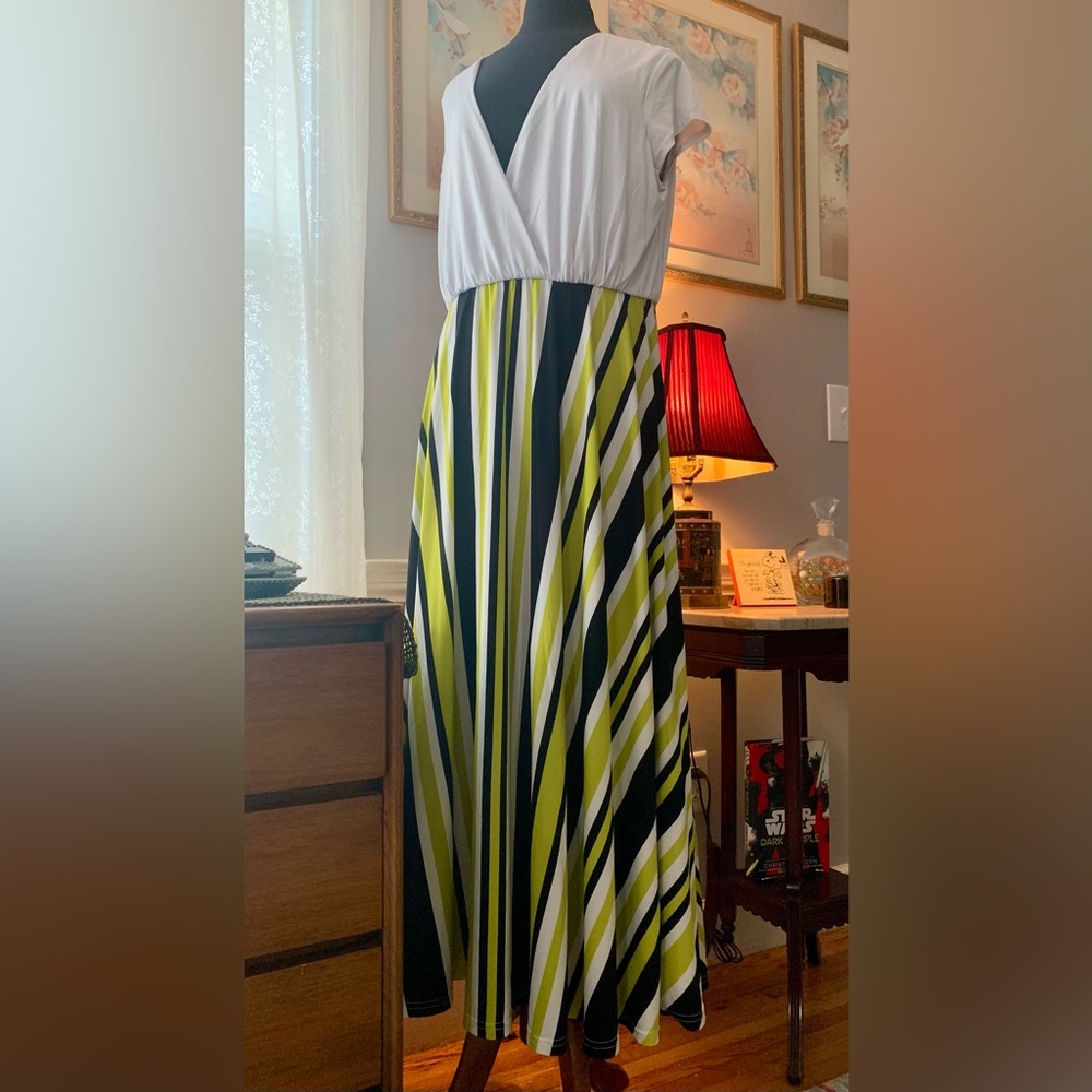 Ashley Stewart Low V Neck Striped Maxi Dress in Lime, Black & White